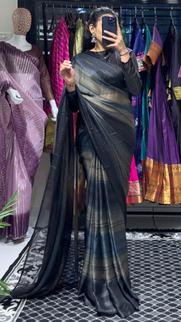 Black Soft Silk Print and Jalar Work Saree