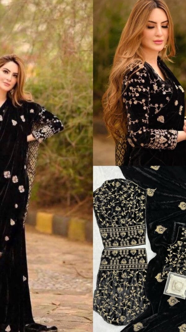 Black Velvet Saree with Embroidered All Over Work