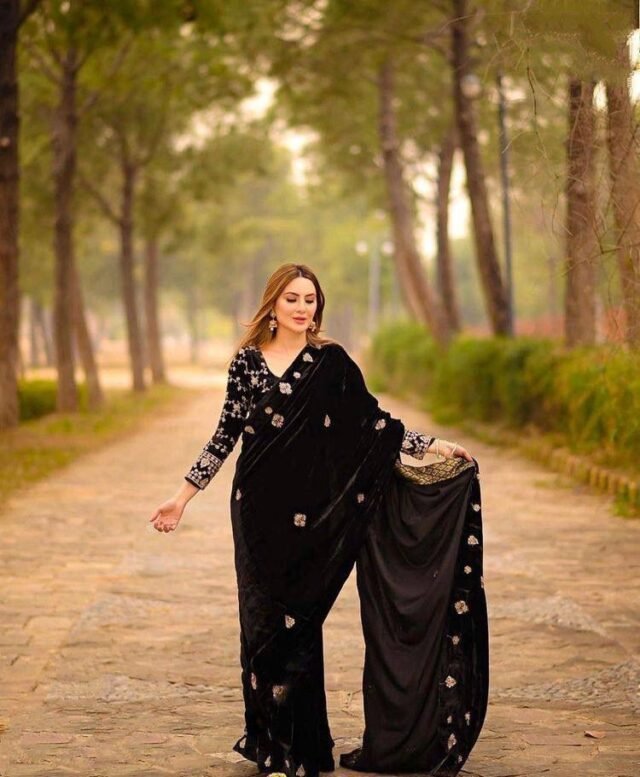 Black Velvet Saree with Embroidered All Over Work