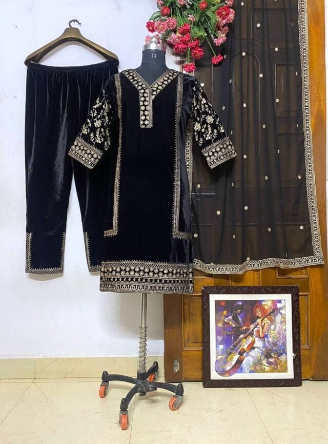 Black Velvet with Zari Embroidery Work Pakistani Suits In Sale
