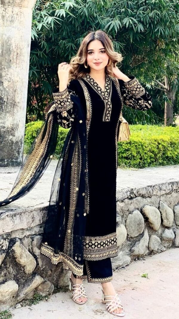 Black Velvet with Zari Embroidery Work Pakistani Suits In Sale