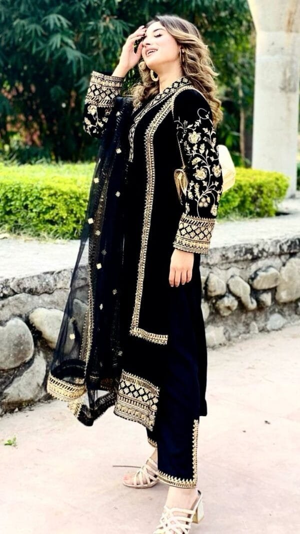 Black Velvet with Zari Embroidery Work Pakistani Suits In Sale