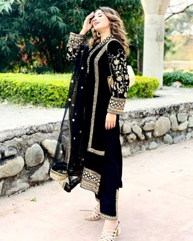 Black Velvet with Zari Embroidery Work Pakistani Suits In Sale
