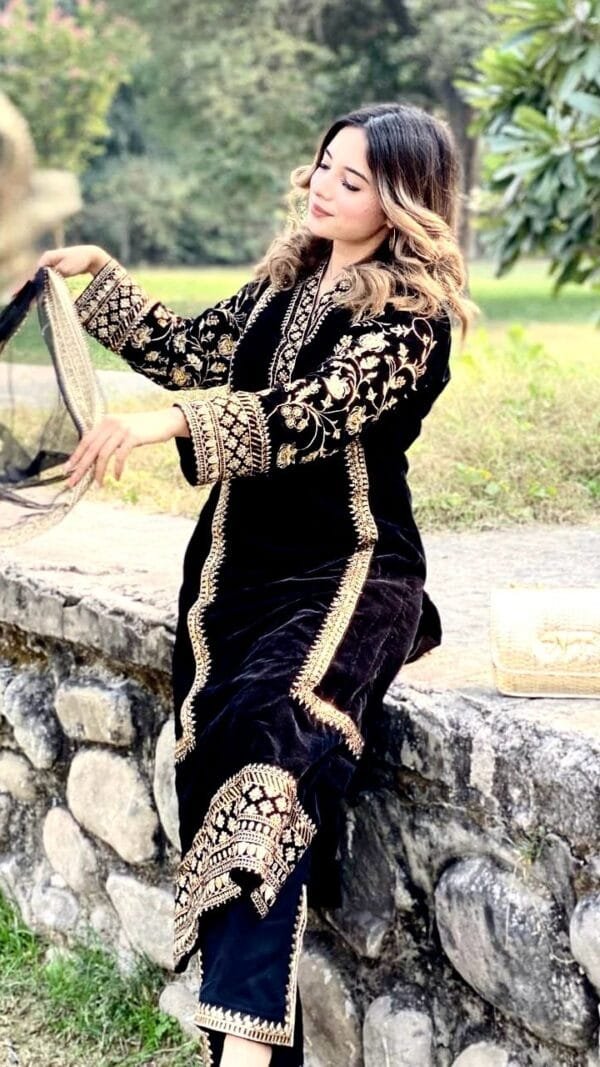 Black Velvet with Zari Embroidery Work Pakistani Suits In Sale