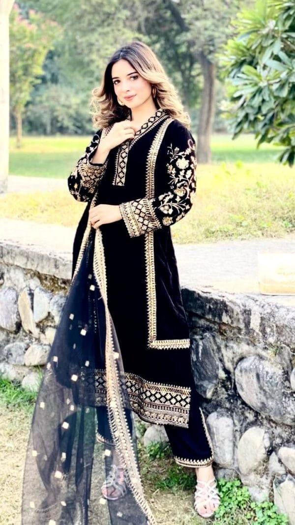 Black Velvet with Zari Embroidery Work Pakistani Suits In Sale