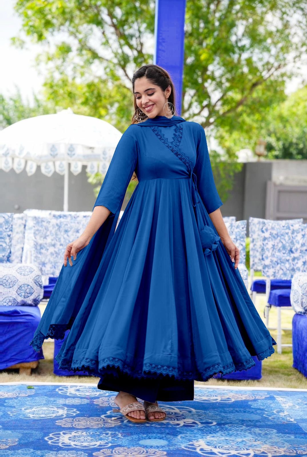 Butterfly net Fabrics Party Wear Readymade Gown In Blue Color With  Embroidery Work - Gown