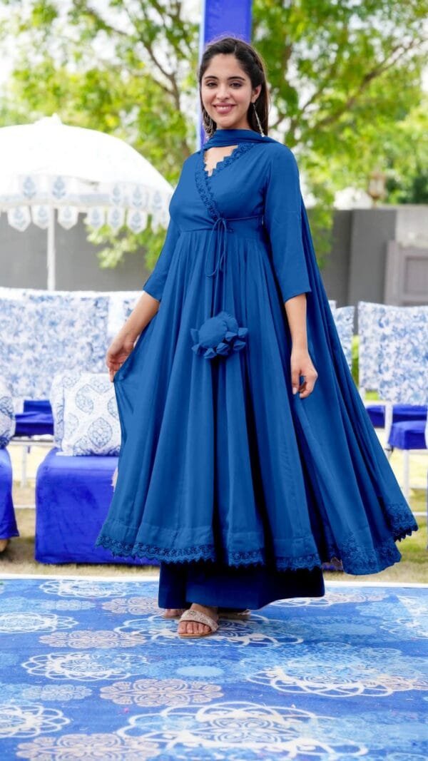 Blue Anarkali Faux Georgette Gown With Fully Flair Suits In Sale