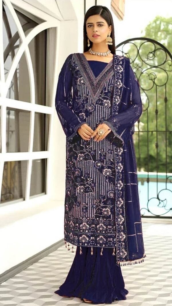 Blue Georgette Heavy Embroidered Pakistani Suits In Sale