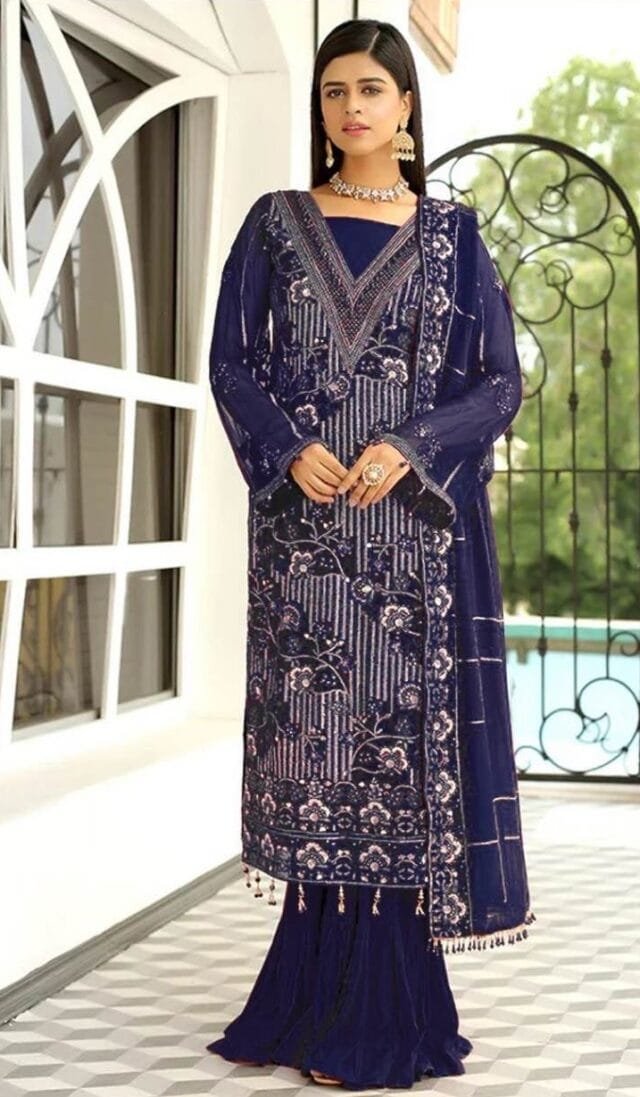 Blue Georgette Heavy Embroidered Pakistani Suits In Sale