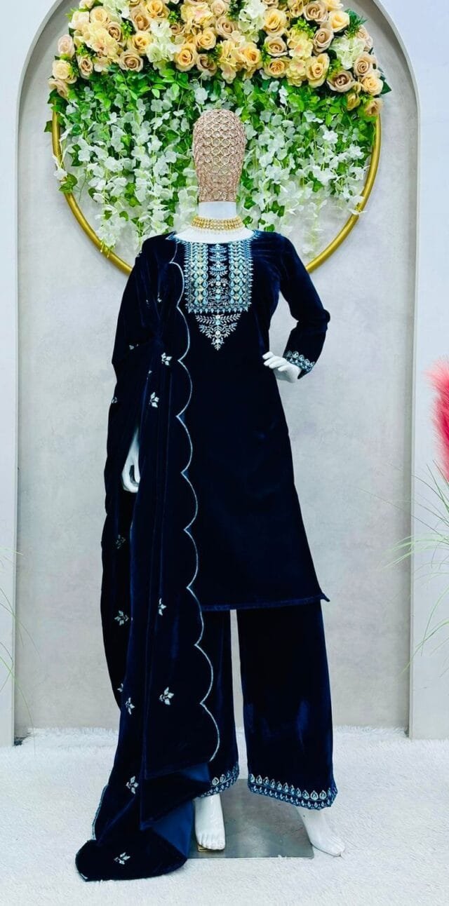 Blue Velvet With inner Thred Work With Sequnce Pakistatani Suits in Sale