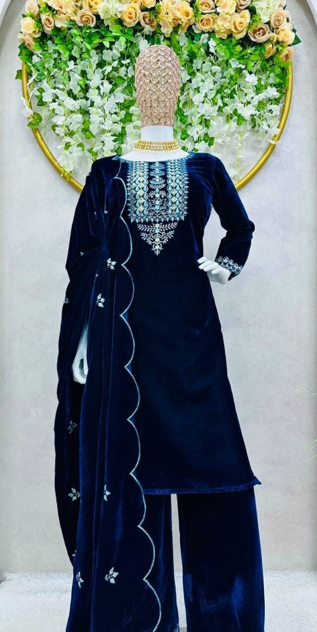 Blue Velvet With inner Thred Work With Sequnce Pakistatani Suits in Sale