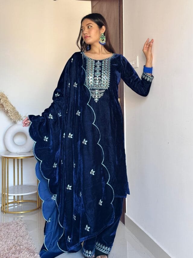 Blue Velvet With inner Thred Work With Sequnce Pakistatani Suits in Sale