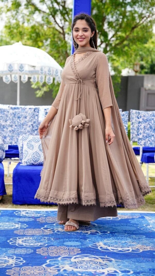 Brown Anarkali Faux Georgette Gown With Fully Flair Suits In Sale