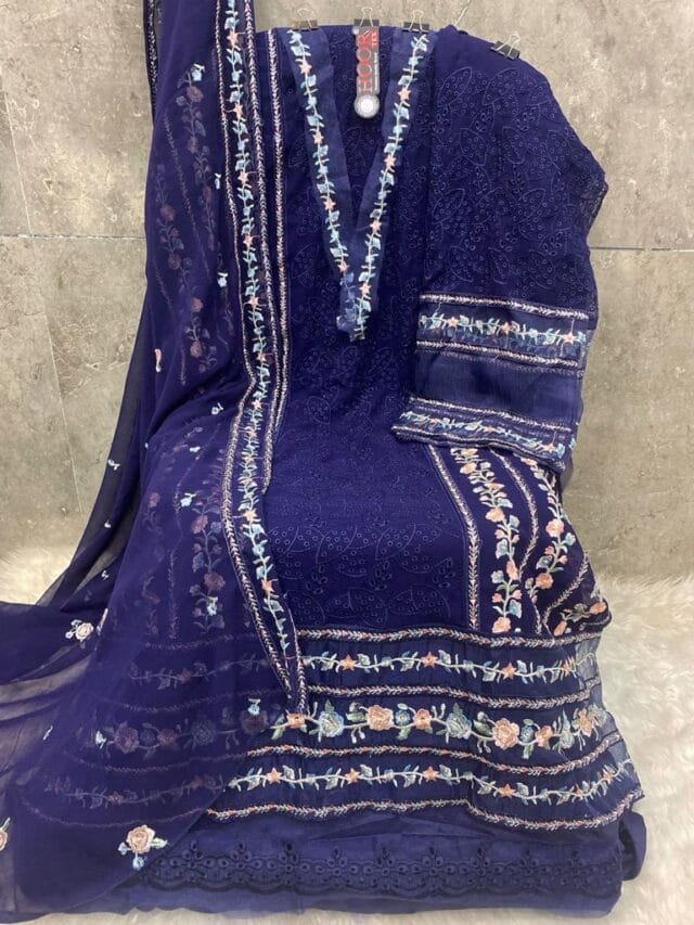 Dark Blue Fox Georgette Pakistani Suits In Sale