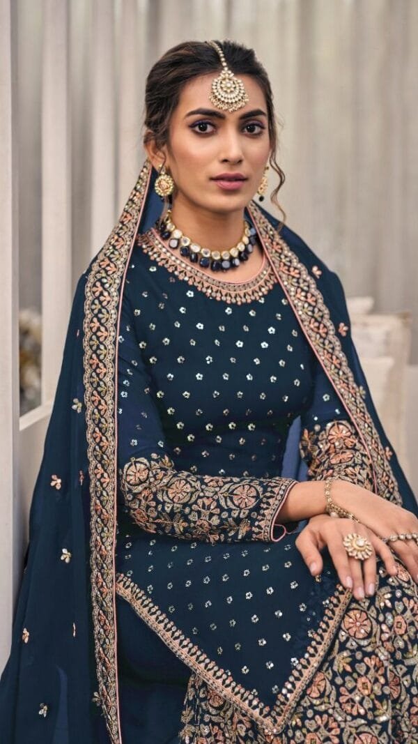 Dark Blue Heavy Fox Georgette with Embroidery Sequence Work Pakistani Suits in Sale