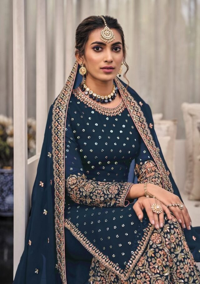 Dark Blue Heavy Fox Georgette with Embroidery Sequence Work Pakistani Suits in Sale