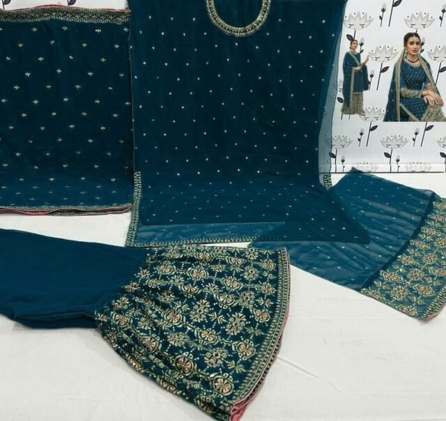 Dark Blue Heavy Fox Georgette with Embroidery Sequence Work Pakistani Suits in Sale