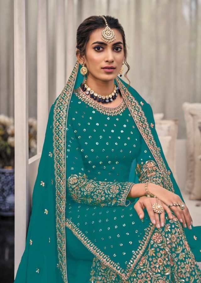 Dark Teal Green Heavy Fox Georgette with Embroidery Sequence Work Pakistani Suits in Sale