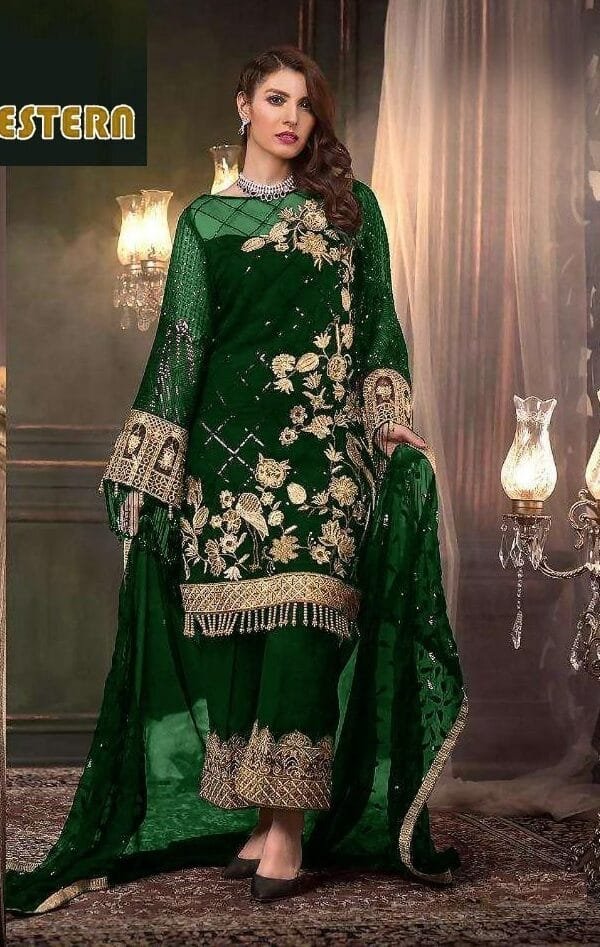Green Butterfly Net With heavy Embroidery Work Pakistani Suits In Sale