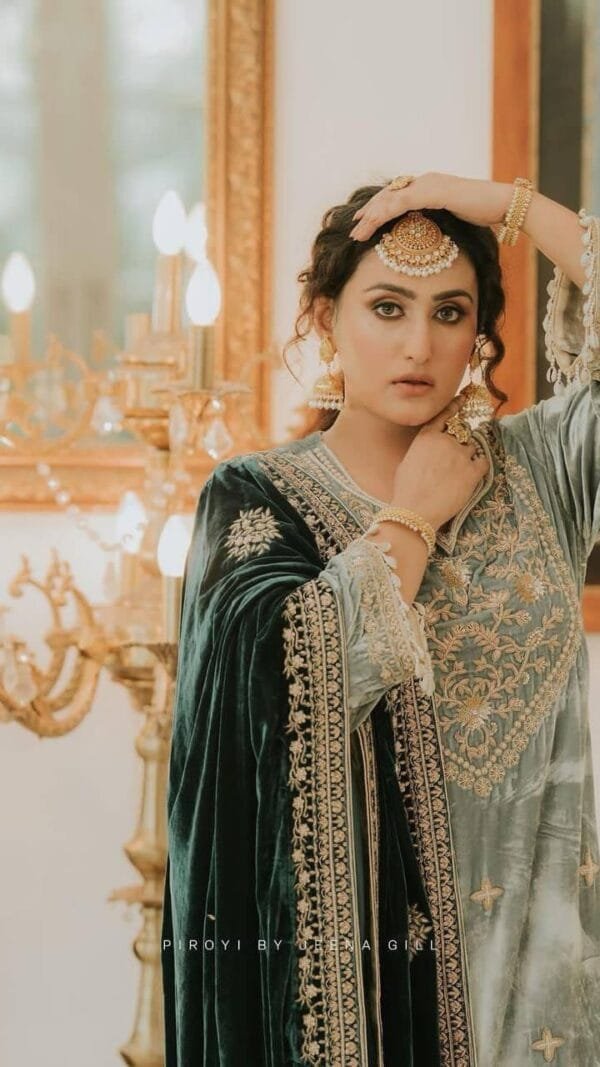 Green Heavy Velvet Top with Beautiful Embroidered Pakistani Suits In Sale