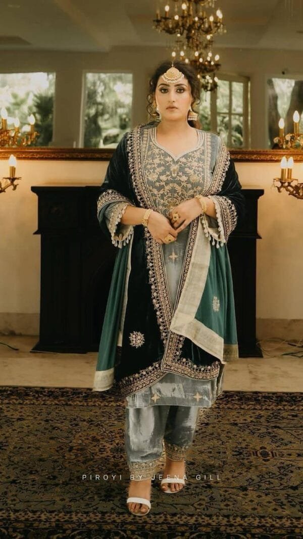 Green Heavy Velvet Top with Beautiful Embroidered Pakistani Suits In Sale
