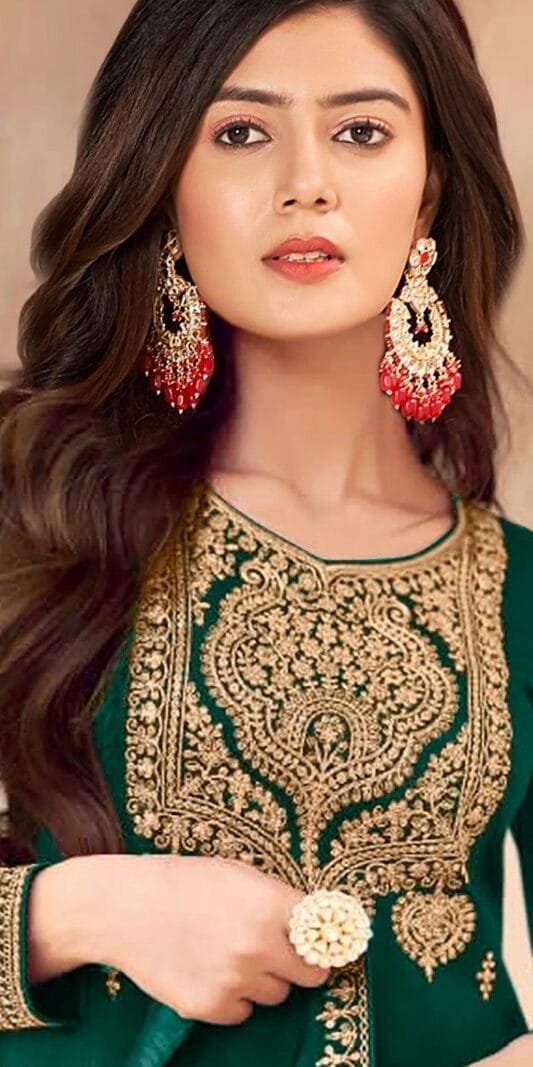 Green Readymade Vichitra Silk Embroidery Work Pakistani Suits In Sale