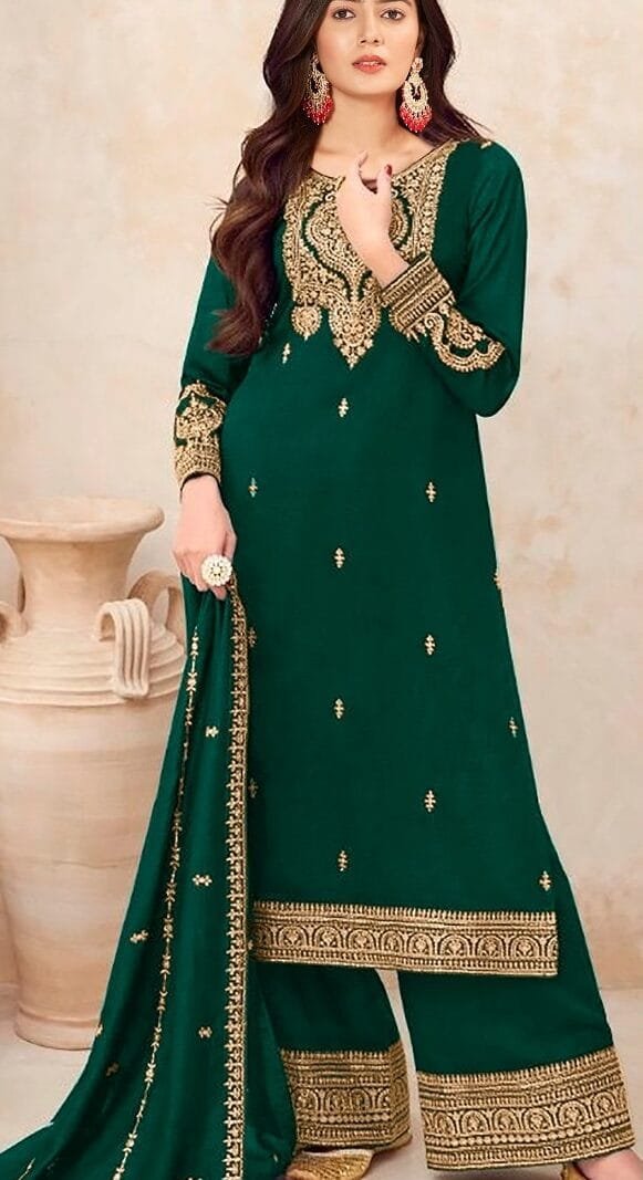 Green Readymade Vichitra Silk Embroidery Work Pakistani Suits In Sale
