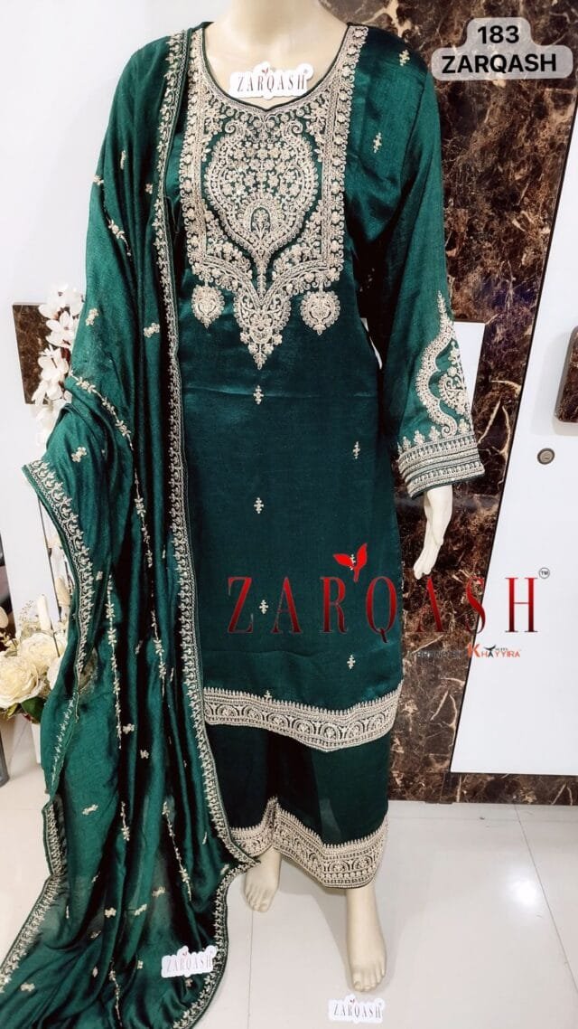 Green Readymade Vichitra Silk Embroidery Work Pakistani Suits In Sale