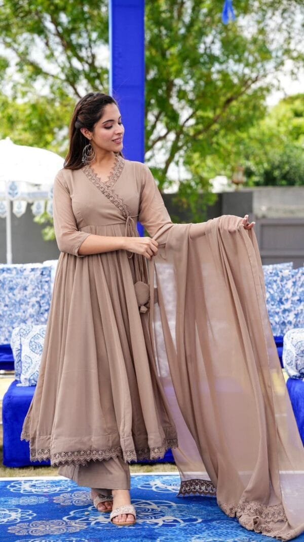 Light Brown Anarkali Faux Georgette Gown With Fully Flair Suits In Sale