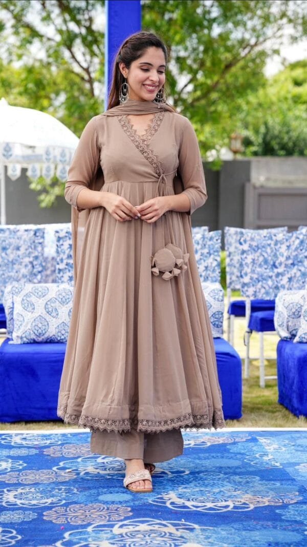 Light Brown Anarkali Faux Georgette Gown With Fully Flair Suits In Sale