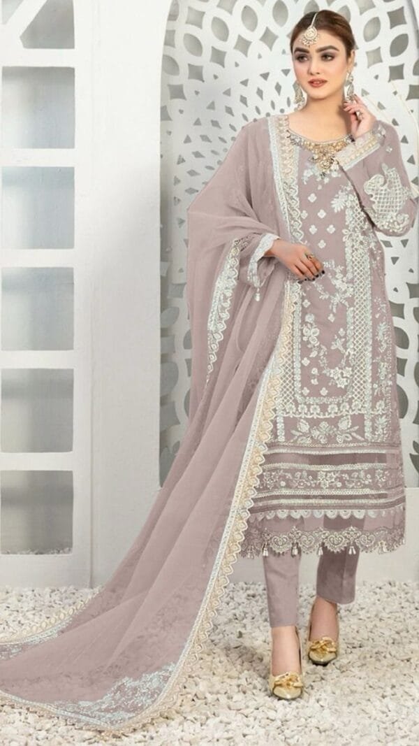 Light Brown Pure Organza Embroidered Work Pakistani Suits In Sale