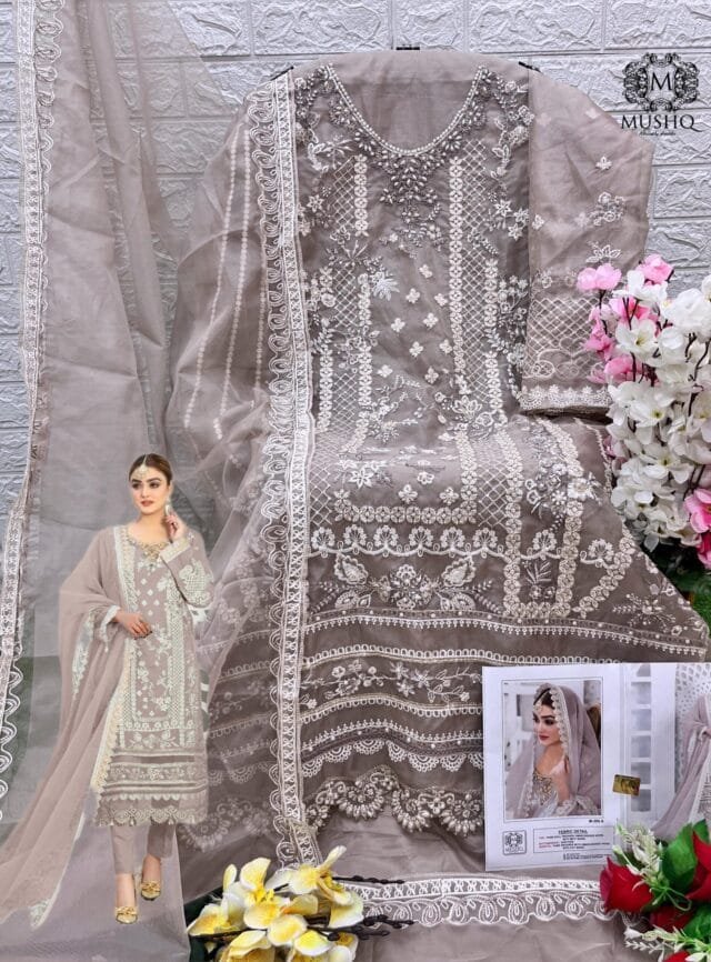 Light Brown Pure Organza Embroidered Work Pakistani Suits In Sale