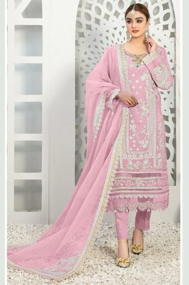 Light Pink Pure Organza Embroidered Work Pakistani Suits In Sale