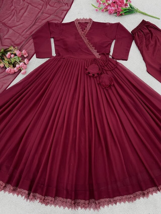 Maroon Anarkali Faux Georgette Gown With Fully Flair Suits In Sale