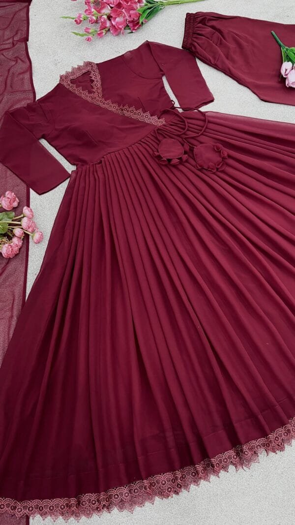 Maroon Anarkali Faux Georgette Gown With Fully Flair Suits In Sale