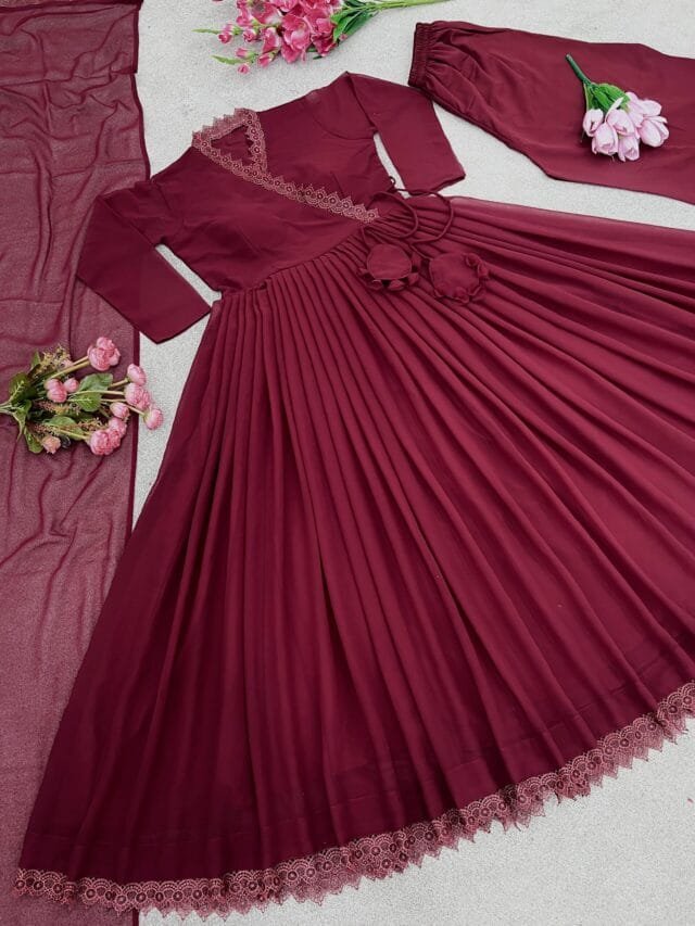 Maroon Anarkali Faux Georgette Gown With Fully Flair Suits In Sale