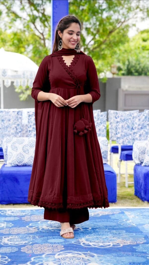 Maroon Anarkali Faux Georgette Gown With Fully Flair Suits In Sale