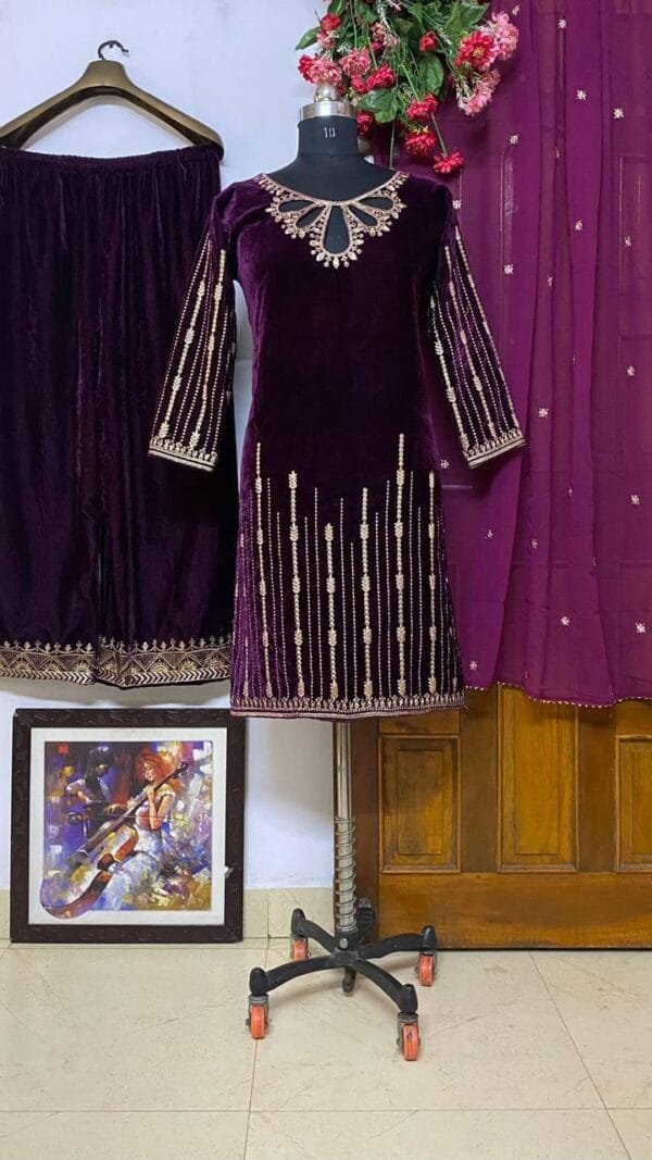 Maroon Velvet with Zari Embroidery Work Pakistani Suits In Sale