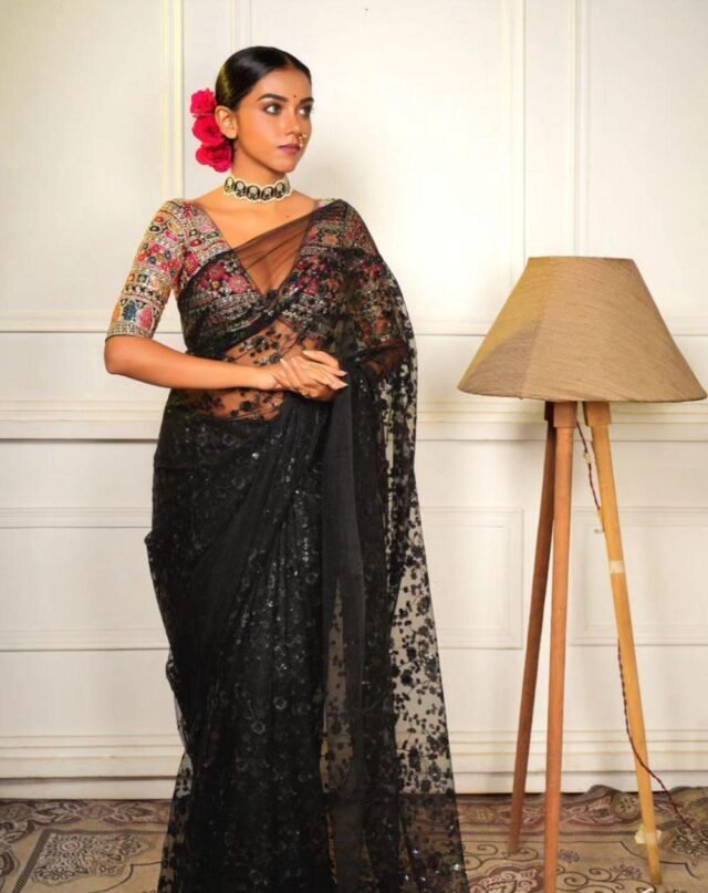 New Black Colour Embroidery Sequence Work Net Saree