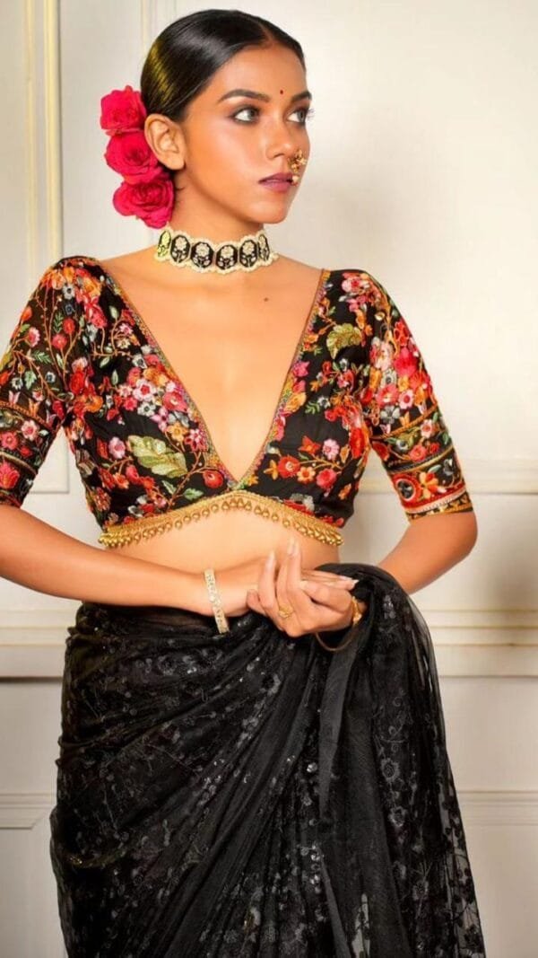 New Black Colour Embroidery Sequence Work Net Saree