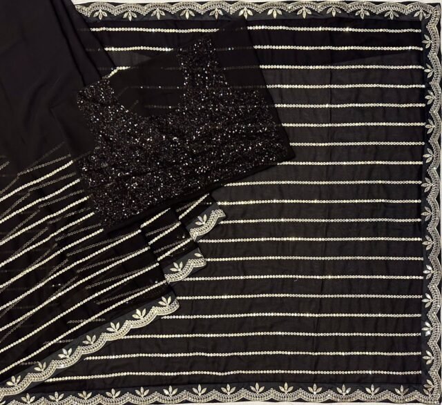 New Trending Bollywood Black Colour Sequins Design Saree