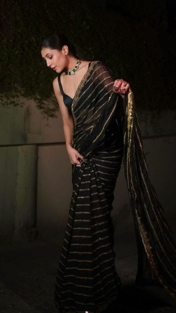 New Trending Bollywood Black Colour Sequins Design Saree