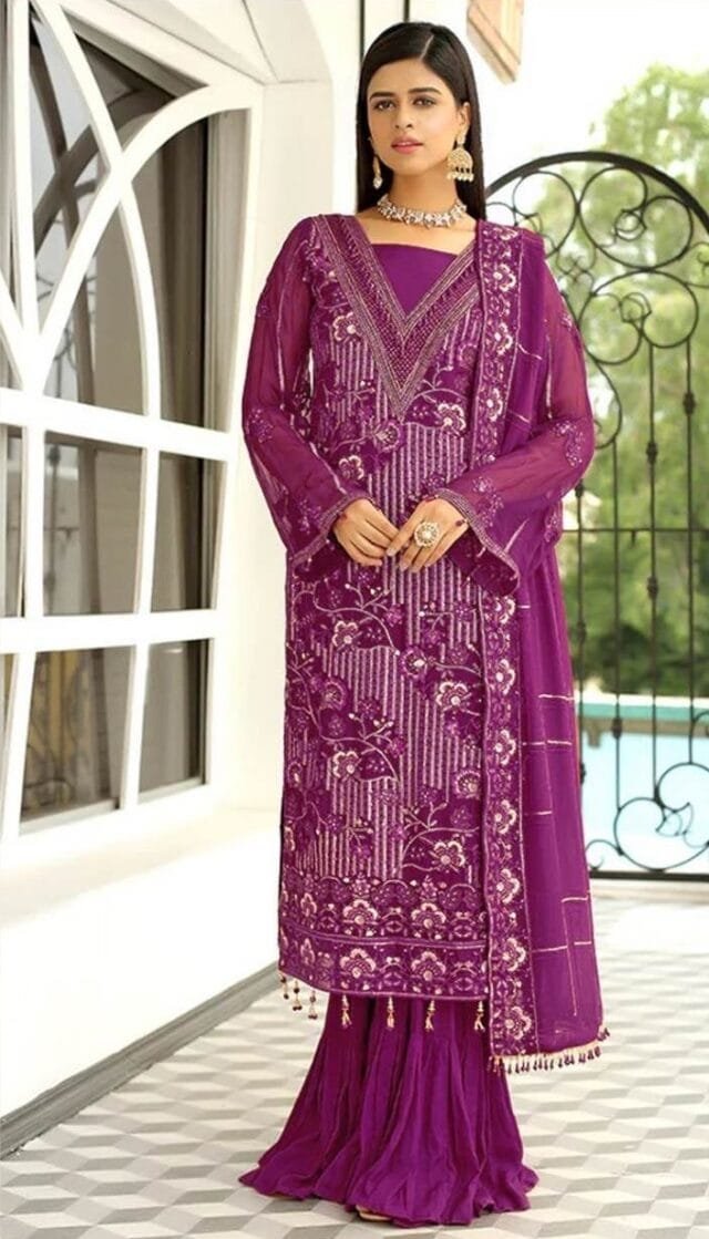 Purple Georgette Heavy Embroidered Pakistani Suits In Sale