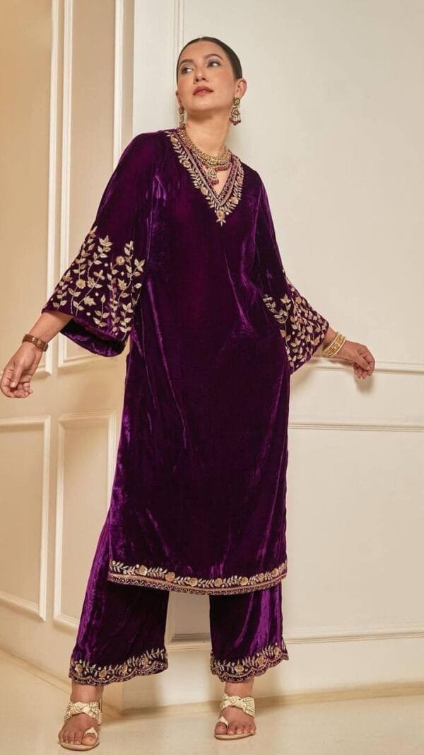 Purple Velvet with Zari Embroidery Work Pakistani Suits In Sale