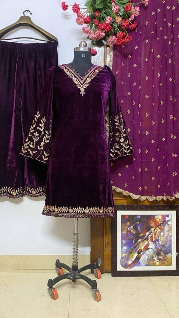 Purple Velvet with Zari Embroidery Work Pakistani Suits In Sale