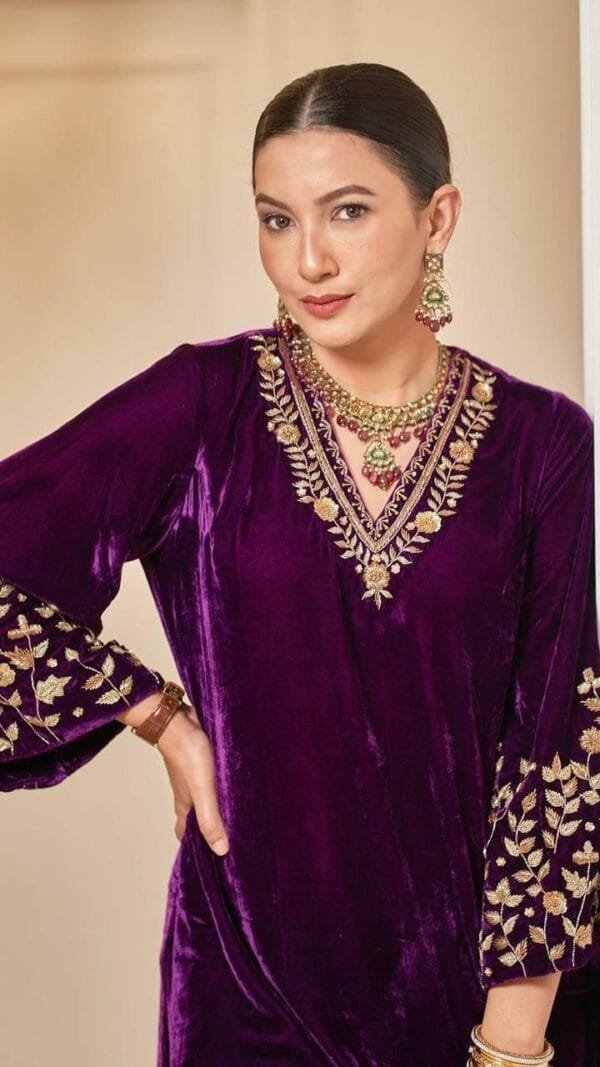 Purple Velvet with Zari Embroidery Work Pakistani Suits In Sale