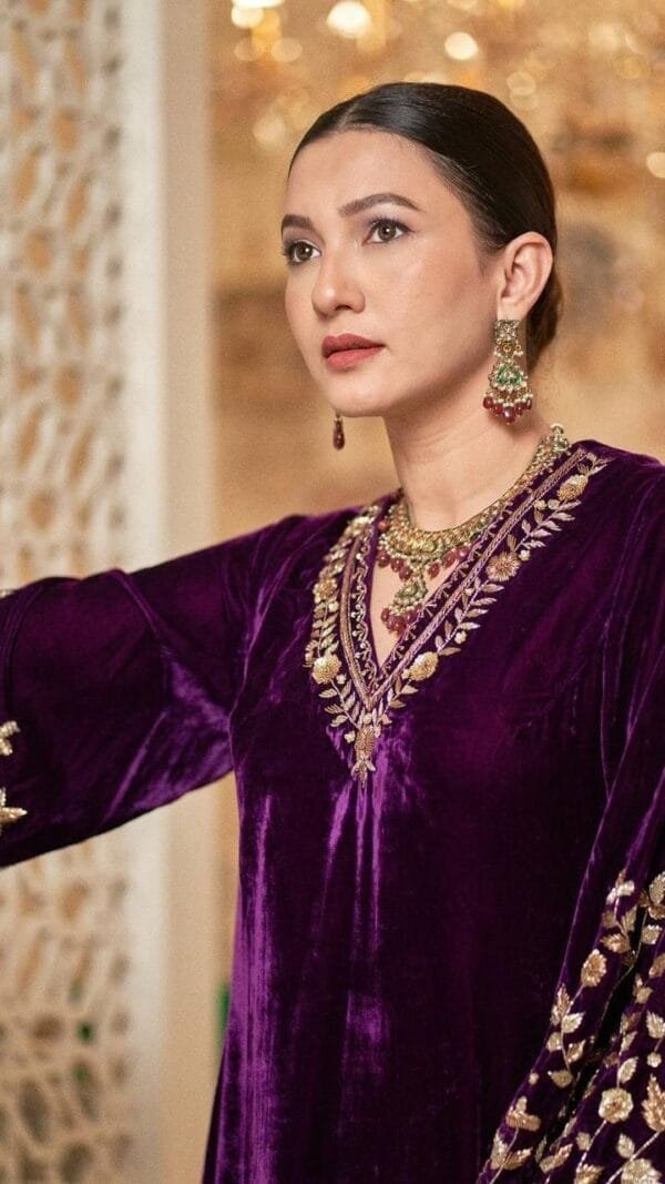 Purple Velvet with Zari Embroidery Work Pakistani Suits In Sale