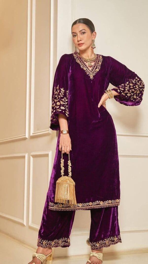 Purple Velvet with Zari Embroidery Work Pakistani Suits In Sale