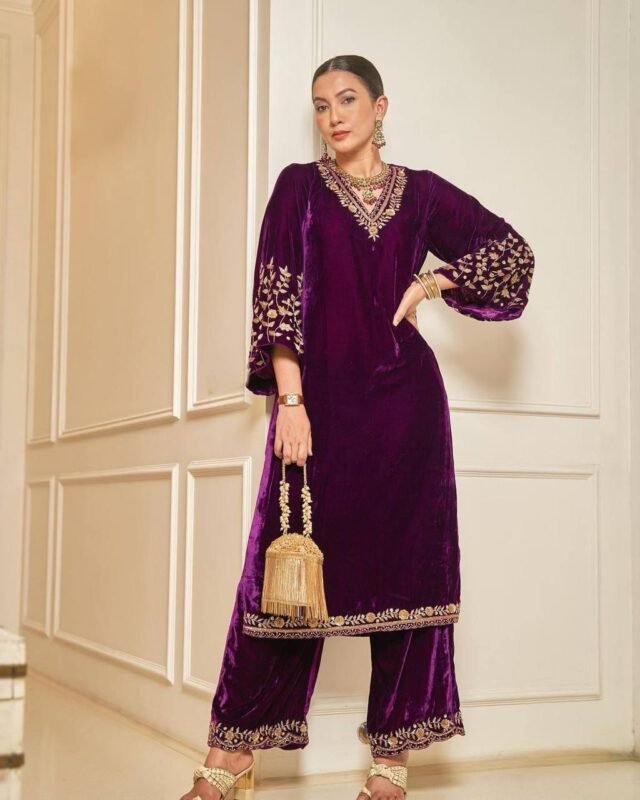 Purple Velvet with Zari Embroidery Work Pakistani Suits In Sale