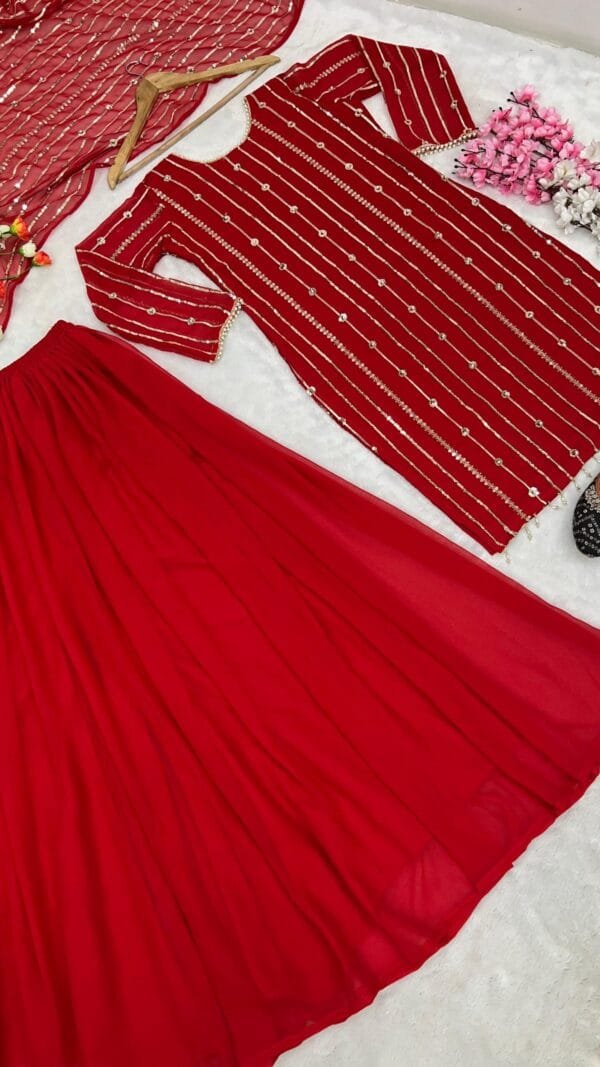 Red Fully Stitched Ready To Wear Faux Georgette Sequence Work Pakistani Suits In Sales